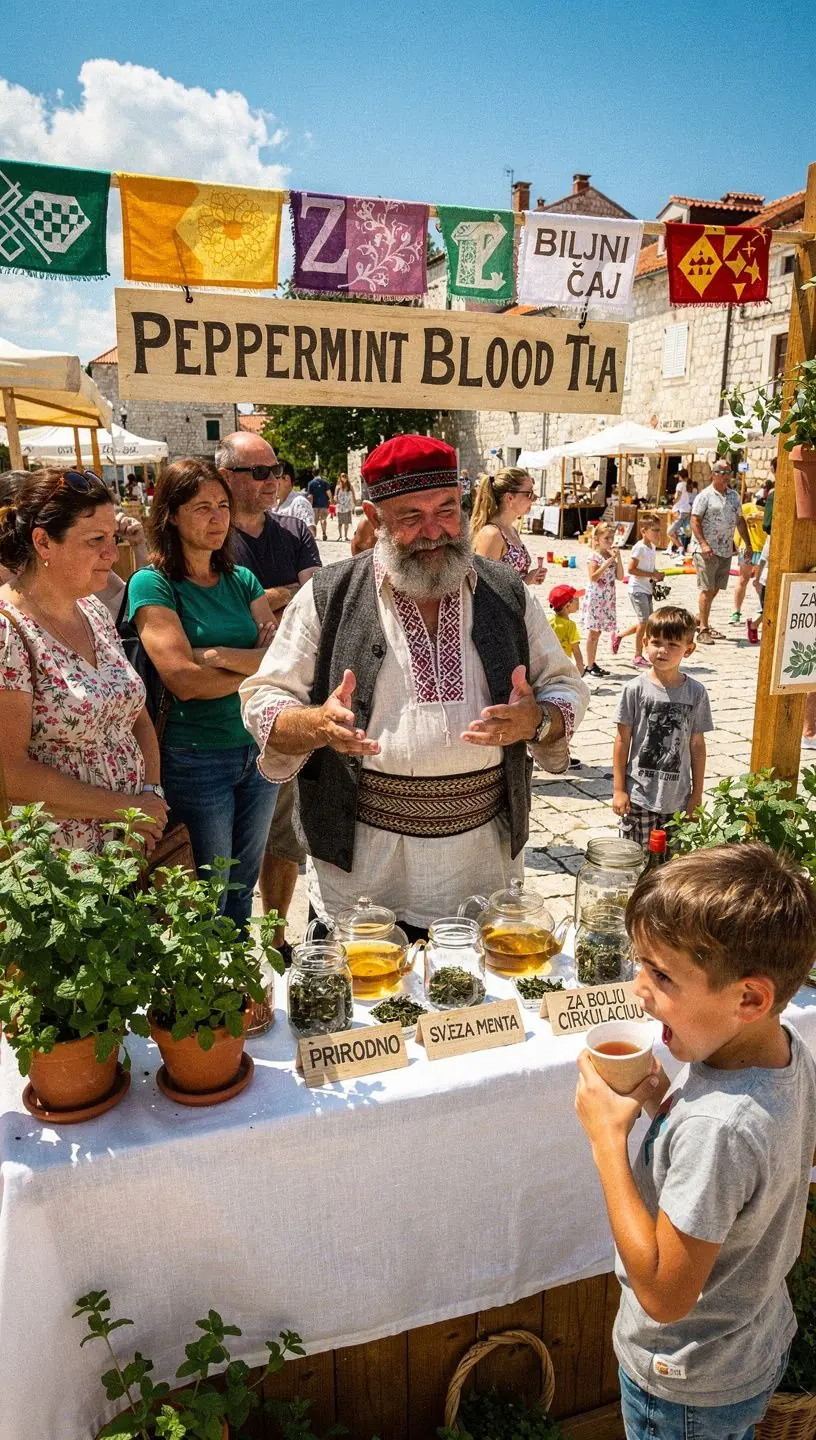 Zeleni čajni listići i suhi listovi mente prikazani u drvenoj posudi.