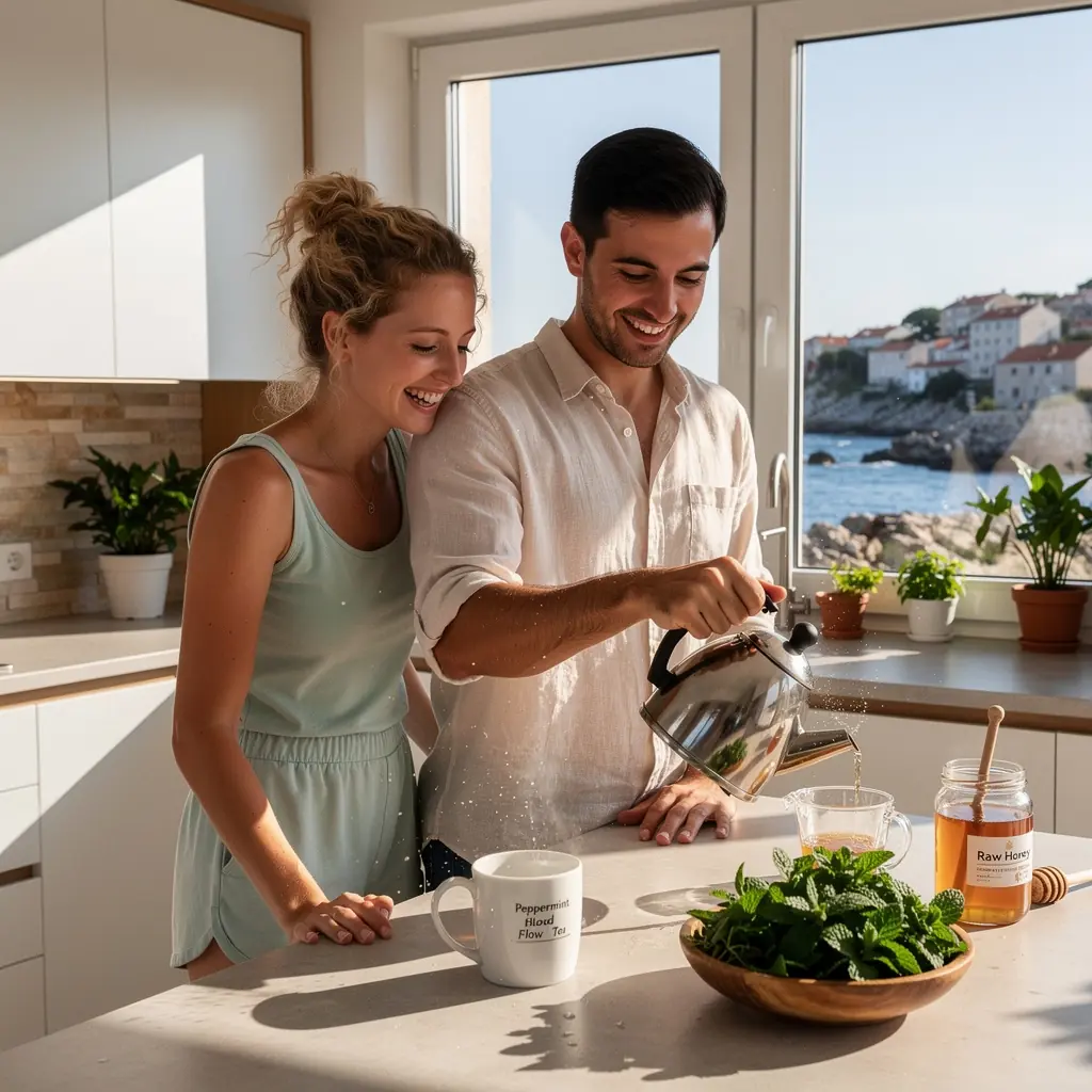 Ruke koje drže šalicu čaja s osmijehom na licu.