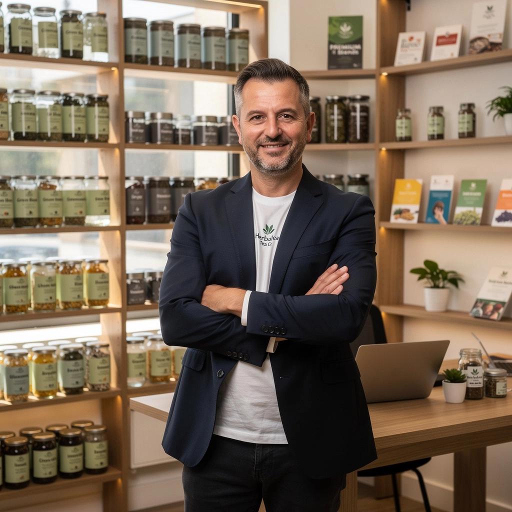 Zadovoljan čovjek koji uživa u šalici čaja od mente, s osmijehom na licu.